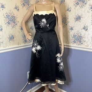 White House Black Market black satin embroidered flowers dress, Size 4